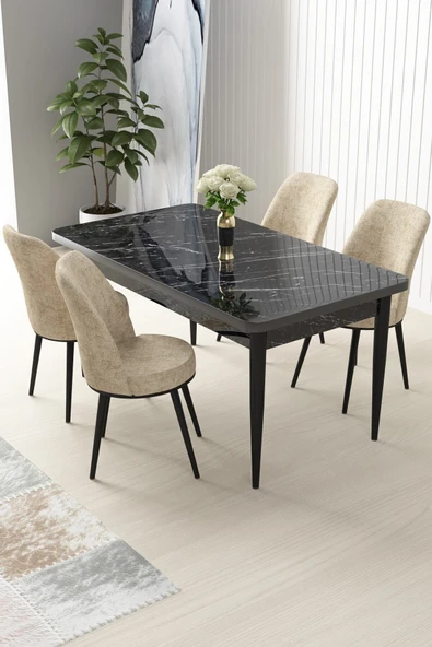 Canisa Concept Nil Serisi 70x110 Sabit Mutfak Masası Takımı Siyah Mermer Desen Masa 4 Krem Sandalye ürün görseli 1