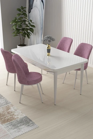 Canisa Concept Nil Serisi 70x110 Sabit Mutfak Masası Takımı Beyaz Masa 4 Pembe Sandalye ürün görseli 1