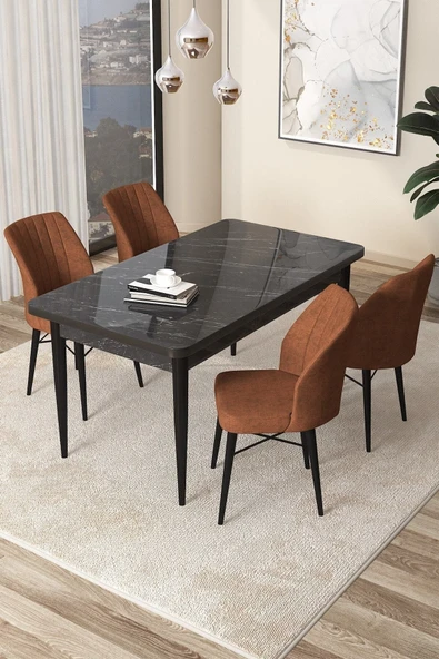 Canisa Concept Arp Serisi 70x110 Sabit Mutfak Masası Takımı Siyah Mermer Desen Masa 4 Kiremit Sandalye ürün görseli 1