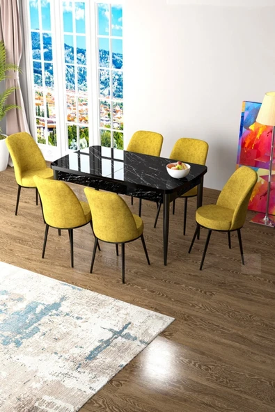 Canisa Concept Zen Serisi 80x132 Mdf Açılabilir Siyah Mermer Desen Masa Takımı Ve 6 Hardal Sandalye ürün görseli 1