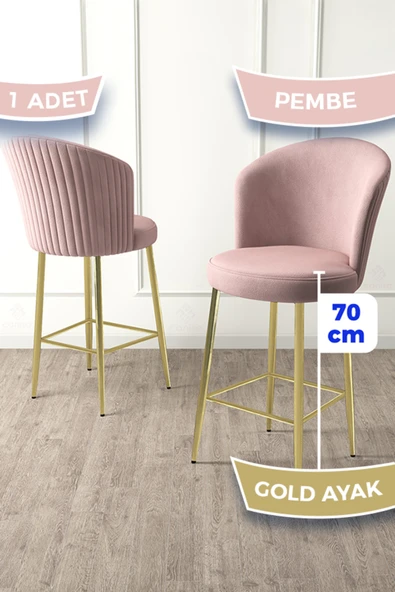 Canisa Fora Serisi 1 Adet Gold Kaplama Metal Ayaklı Babyface Kumaş Pembe Bar Sandalyesi ürün görseli 1