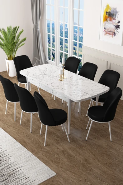 Canisa Concept Zen Serisi 80x132 Mdf Açılabilir Beyaz Mermer Desen Masa Takımı Ve 8 Siyah Sandalye ürün görseli 1
