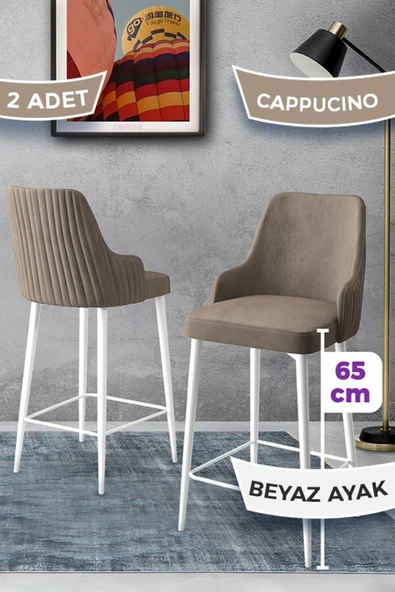 Canisa Tera Serisi 2 Cappucino Sandalye 65 Cm Ada Mutfak Bar Sandalyesi Babyface Kumaş Beyaz Metal Ayaklı ürün görseli 1