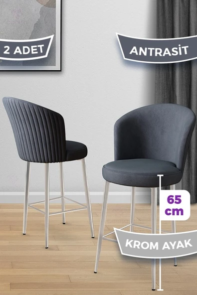Canisa Alte Serisi 2 Adet Babyface Kumaş 65 cm Krom Kaplama Ayaklı Antrasit Bar Sandalyesi ürün görseli 1