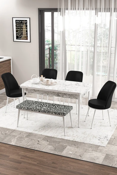 Canisa Concept Zen Serisi 80x132 Mdf Açılabilir Beyaz Mermer Desen Masa Takımı 4 Zebra Sandalye Ve 1 Siyah Bench ürün görseli 1