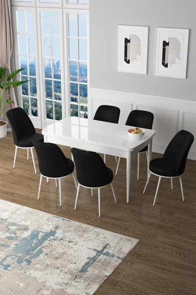 Canisa Concept Zen Serisi 80x132 Mdf Açılabilir Beyaz Mutfak Masası Takımı Ve 6 Siyah Sandalye ürün görseli 1