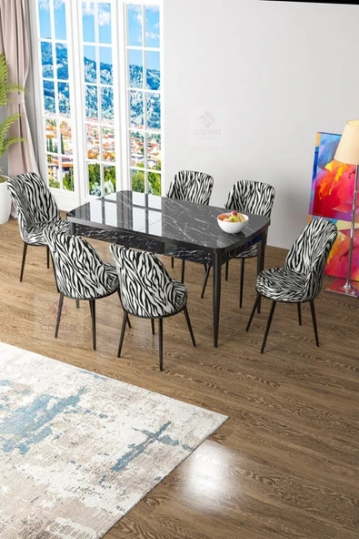 Canisa Concept Zen Serisi 80x132 Mdf Açılabilir Siyah Mermer Desen Masa Takımı Ve 6 Zebra Sandalye ürün görseli 1