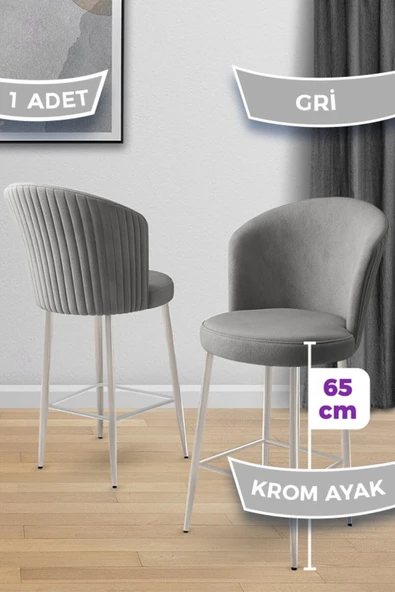 Canisa Alte Serisi 1 Adet Babyface Kumaş 65 cm Krom Kaplama Ayaklı Gri Bar Sandalyesi ürün görseli 1