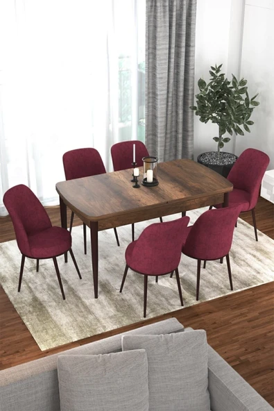 Canisa Concept Kor Serisi 70x114 Açılabilir Mutfak Masası Takımı Barok Desen Masa 6 Bordo Sandalye ürün görseli 1