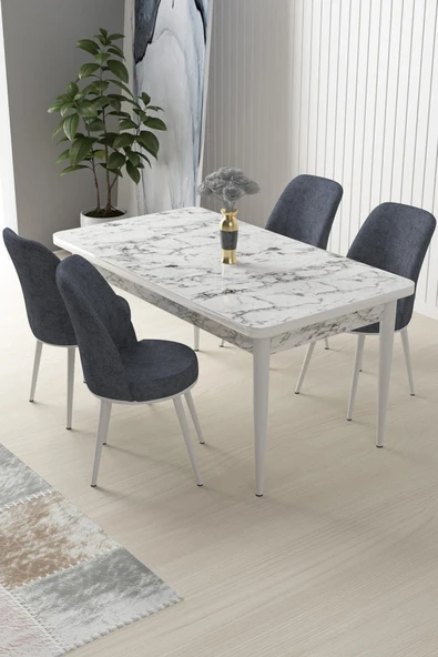 Canisa Concept Nil Serisi 70x110 Sabit Mutfak Masası Takımı Beyaz Mermer Desen Masa 4 Füme Sandalye ürün görseli 1