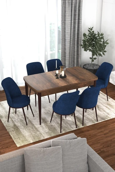 Canisa Concept Kor Serisi 70x114 Açılabilir Mutfak Masası Takımı Barok Desen Masa 6 Lacivert Sandalye ürün görseli 1