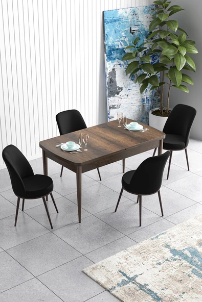 Canisa Concept Han Serisi 70x114 Açılabilir Mdf Mutfak Masa Takımı Barok Ahşap Desen Masa Ve 4 Siyah Sandalye ürün görseli 1