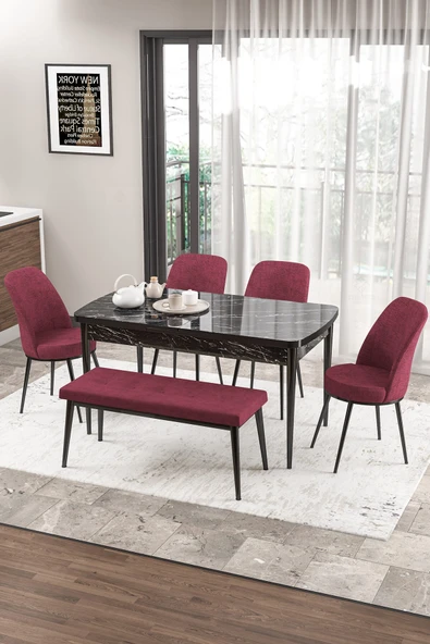 Canisa Zen Serisi 80x132 Mdf Açılabilir Siyah Mermer Desen Masa Takımı 4 Bordo Sandalye Ve 1 Bench ürün görseli 1