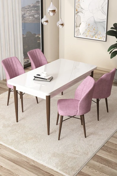 Canisa Concept Arp Serisi Sabit Mutfak Masası Takımı 70x110 Beyaz Ceviz Masa 4 Pembe Sandalye ürün görseli 1
