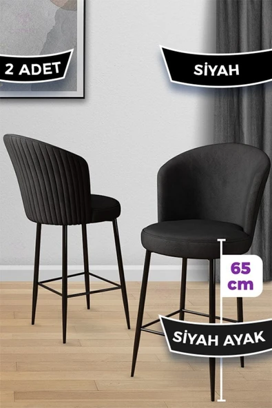 Canisa Alte Serisi 2 Siyah Sandalye 65 Cm Ada Mutfak Bar Sandalyesi Babyface Kumaş Siyah Metal Ayaklı ürün görseli 1