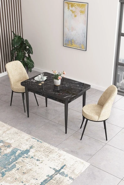 Canisa Concept Nil Serisi 70x110 Sabit Mutfak Masası Takımı Siyah Mermer Desen Masa 2 Krem Sandalye ürün görseli 1