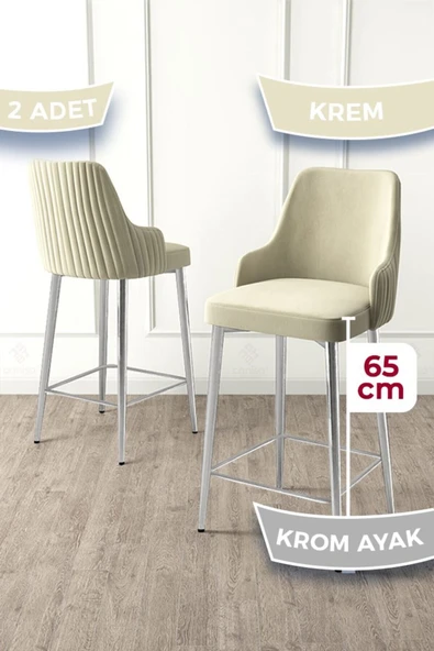 Canisa Tera Serisi 2 Adet Babyface Kumaş 65 cm Krom Kaplama Ayaklı Krem Bar Sandalyesi ürün görseli 1