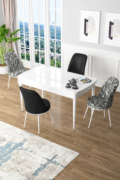 Canisa Kor Serisi 70x114 Açılabilir MDF Mutfak Masası Takımı Beyaz Masa 2 Zebra Desen 2 Siyah Sandalye ürün görseli 1
