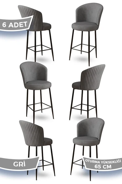 Canisa Alte Serisi 6 Gri Sandalye 65 Cm Ada Mutfak Bar Sandalyesi Babyface Kumaş Siyah Metal Ayaklı ürün görseli 1