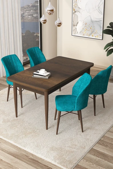Canisa Concept Arp Serisi, 71x110 Sabit Mutfak Masa Takımı, Barok Ahşap Desen Masa 4 Turkuaz Sandalye ürün görseli 1