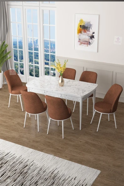 Canisa Concept Zen Serisi 80x132 Mdf Açılabilir Beyaz Mermer Desen Masa Takımı Ve 6 Kiremit Sandalye ürün görseli 1