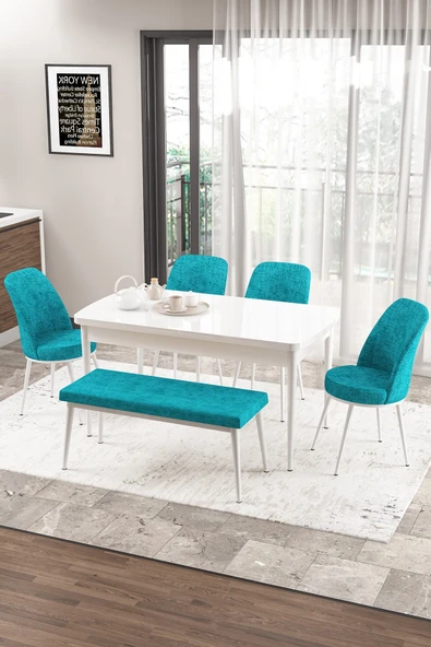 Canisa Concept Zen Serisi 80x132 Mdf Açılabilir Beyaz Masa Takımı 4 Turkuaz Sandalye Ve 1 Bench ürün görseli 1