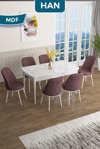 Canisa Han Serisi, 70x114 Açılabilir Mdf Masa Takımı, Beyaz Mermer Desen Masa Ve 6 Gülkurusu Sandalye ürün görseli 1