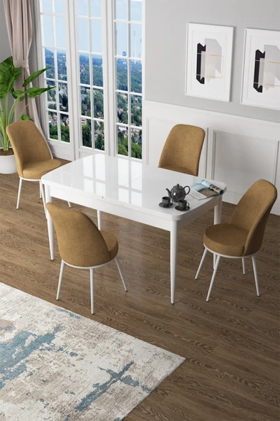Canisa Concept Zen Serisi 80x132 Mdf Açılabilir Beyaz Masa Takımı Ve 4 Cappucino Sandalye ürün görseli 1