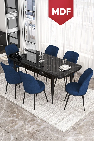 Canisa Concept Kor Serisi 70x114 Açılabilir MDF Mutfak Masası Takımı Siyah Mermer Desen Masa 6 Lacivert Sandalye ürün görseli 1