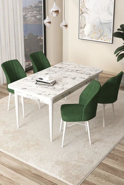 Canisa Concept Arp Serisi 70x110 Sabit Mutfak Masası Takımı Beyaz Mermer Desen Masa 4 Haki Yeşil Sandalye ürün görseli 1