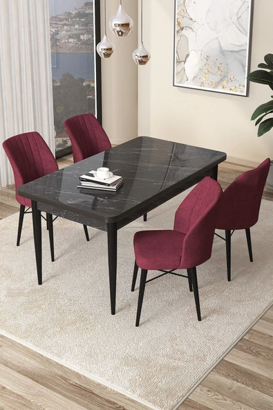 Canisa Concept Arp Serisi 70x110 Sabit Mutfak Masası Takımı Siyah Mermer Desen Masa 4 Bordo Sandalye ürün görseli 1