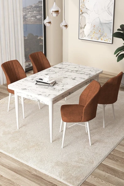 Canisa Concept Arp Serisi 70x110 Sabit Mutfak Masası Takımı Beyaz Mermer Desen Masa 4 Kiremit Sandalye ürün görseli 1