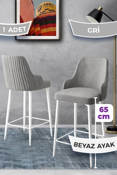 Canisa Tera Serisi 1 Adet 65 Cm Gri Ada Mutfak Bar Sandalyesi Babyface Kumaş Beyaz Metal Ayaklı ürün görseli 1