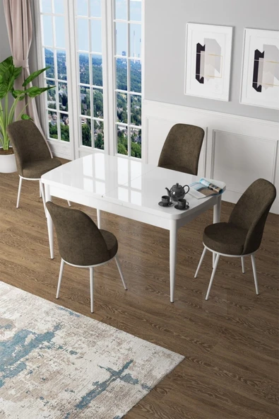 Canisa Concept Canisa Zen Serisi 1.sınıf Mdf Açılabilir Mutfak Masası Takımı Beyaz Masa +4 Kahverengi Sandalye ürün görseli 1