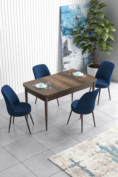Canisa Concept Han Serisi 70x114, Açılabilir Mdf Mutfak Masa Takımı, Barok Ahşap Desen Masa Ve 4 Lacivert Sandalye ürün görseli 1