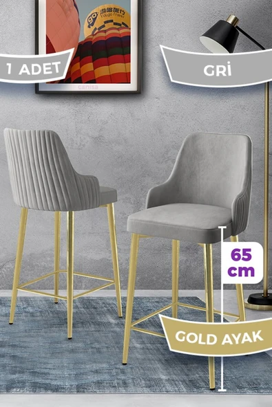 Canisa Tera Serisi 1 Adet Babyface Kumaş 65 cm Gold Kaplama Ayaklı Gri Bar Sandalyesi ürün görseli 1