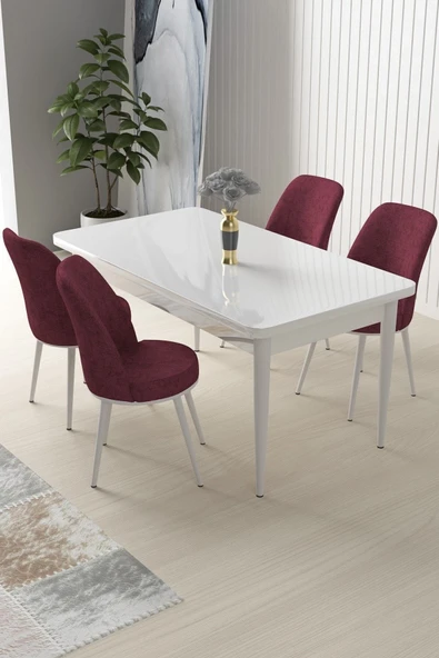 Canisa Nil Serisi 70x110 Sabit Mutfak Masası Takımı Beyaz Masa 4 Bordo Sandalye ürün görseli 1