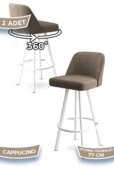Canisa Atex Serisi 2 Adet Cappucino Sandalye 360°c Döner Bar Sandalyesi Babyface Kumaş Beyaz Metal Ayaklı ürün görseli 1