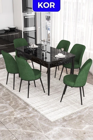 Canisa Kor Serisi 70x114 Açılabilir MDF Mutfak Masası Takımı Siyah Mermer Desen Masa 6 Haki Yeşil Sandalye ürün görseli 1
