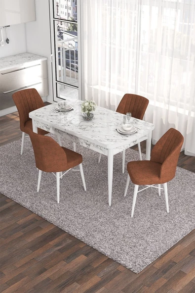 Canisa Concept Han Serisi 70x114, Açılabilir Mdf Mutfak Masa Takımı, Beyaz Mermer Desen Masa 4 Kiremit Sandalye ürün görseli 1