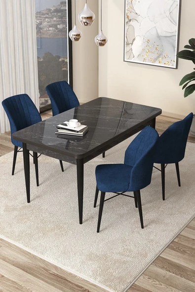 Canisa Concept Arp Serisi 70x110 Sabit Mutfak Masası Takımı Siyah Mermer Desen Masa 4 Lacivert Sandalye ürün görseli 1