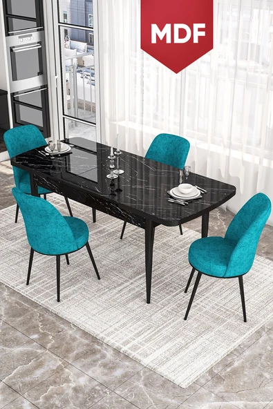 Canisa Concept Kor Serisi 70x114 Açılabilir MDF Mutfak Masası Takımı Siyah Mermer Desen Masa 4 Turkuaz Sandalye ürün görseli 1
