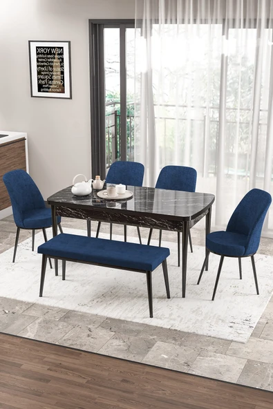 Canisa Zen Serisi 80x132 Mdf Açılabilir Siyah Mermer Desen Masa Takımı 4 Lacivert Sandalye Ve 1 Bench ürün görseli 1