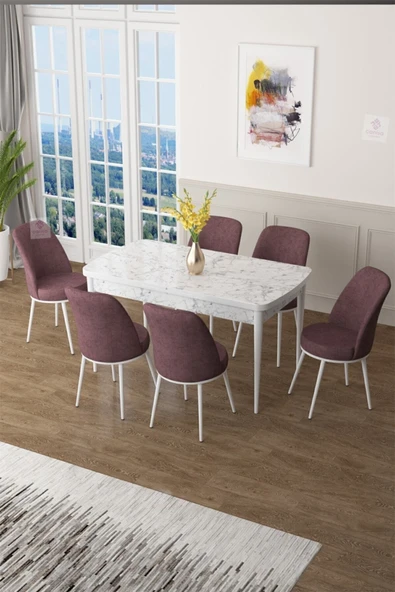 Canisa Concept Zen Serisi 80x132 Mdf Açılabilir Beyaz Mermer Desen Masa Takımı Ve 6 Gül Kurusu Sandalye ürün görseli 1