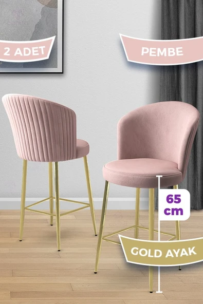 Canisa Alte Serisi 2 Adet Babyface Kumaş 65 cm Gold Kaplama Ayaklı Pembe Bar Sandalyesi ürün görseli 1