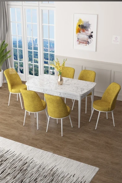 Canisa Concept Zen Serisi 80x132 Mdf Açılabilir Beyaz Mermer Desen Masa Takımı Ve 6 Hardal Sandalye ürün görseli 1
