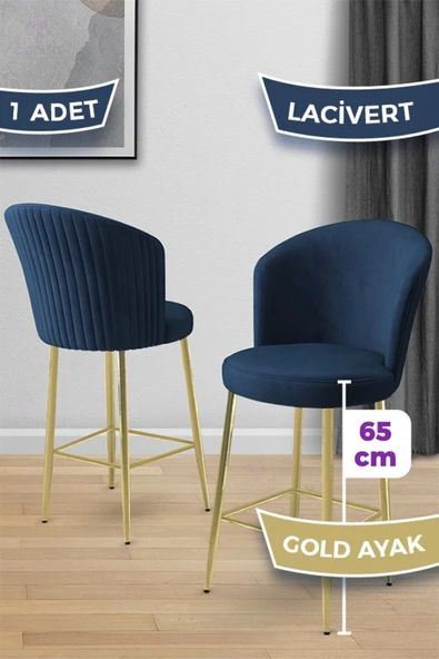 Canisa Alte Serisi 1 Adet Babyface Kumaş 65 cm Gold Kaplama Ayaklı Lacivert Bar Sandalyesi ürün görseli 1