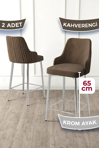 Canisa Tera Serisi 2 Adet Babyface Kumaş 65 cm Krom Kaplama Ayaklı Kahverengi Bar Sandalyesi ürün görseli 1