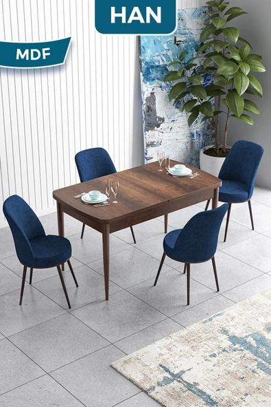 Canisa Han Serisi, 70x114 Açılabilir Mdf Masa Takımı,barok Ahşap Desen Masa, 4 Lacivert Sandalye ürün görseli 1