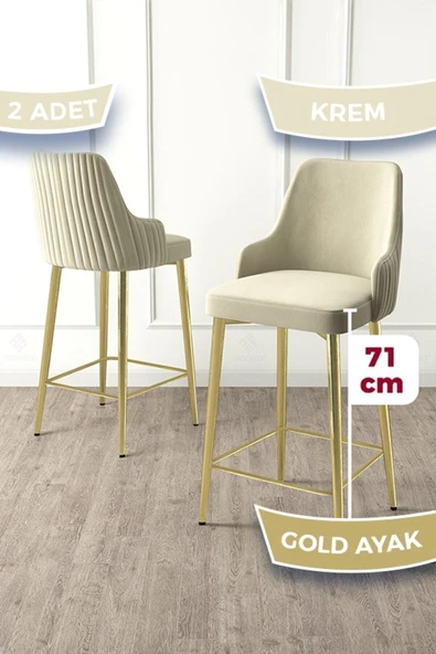 Canisa Enox Serisi 2 Adet Krem Mutfak Bar Sandalyesi Babyface Kumaş Gold Kaplama Metal Ayak ürün görseli 1